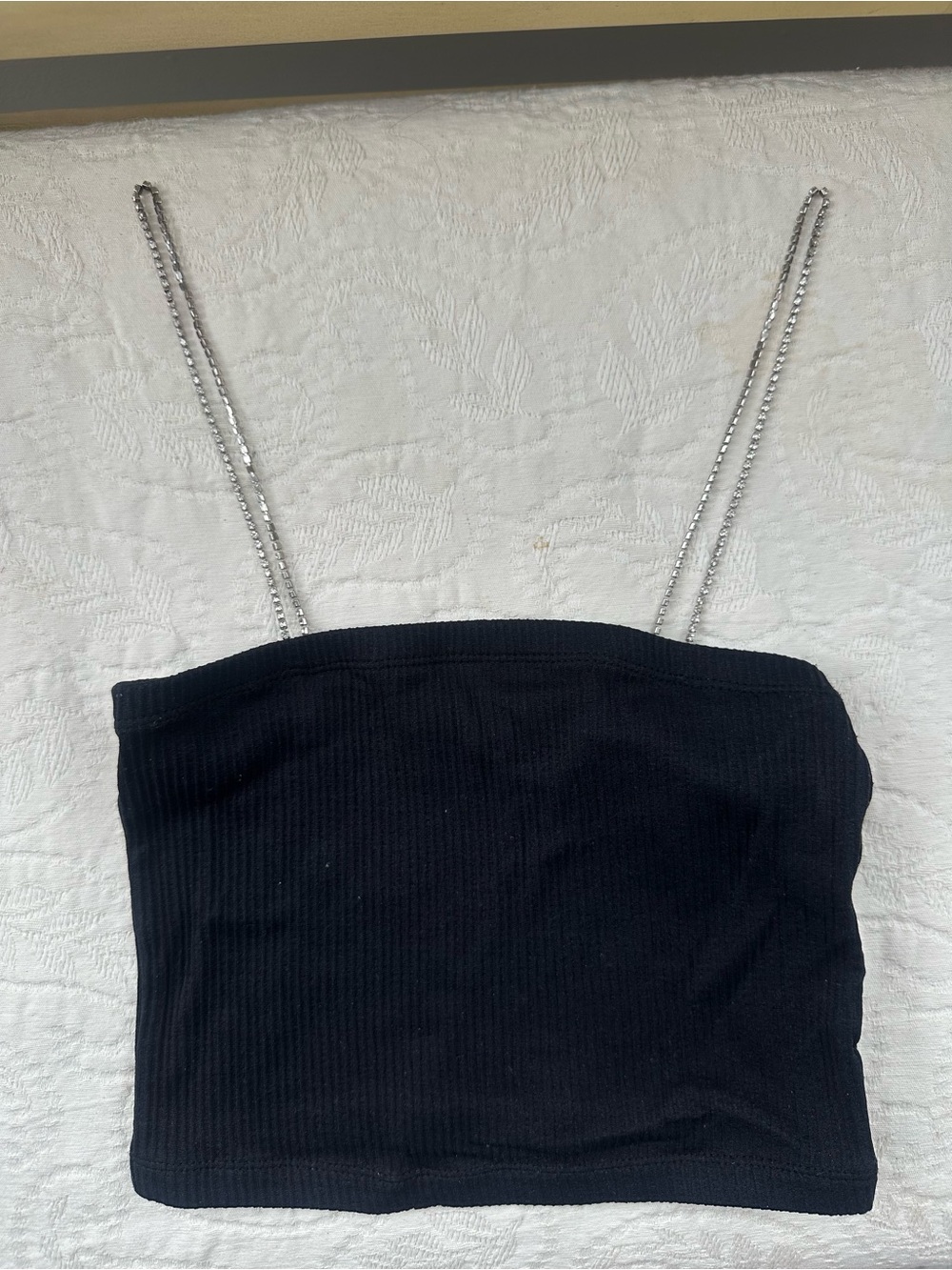 Bershka Black Ribbed Tube Top with Crystal Straps